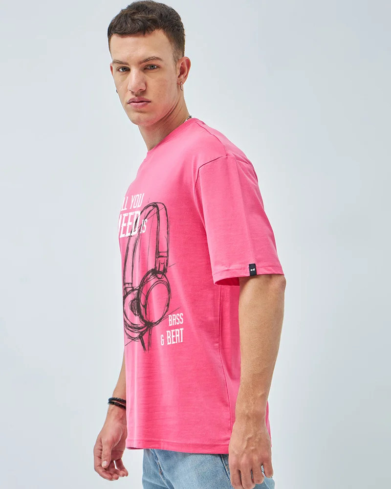 bewakoof Men's Fandango Pink Bass & Beat Graphic Printed Oversized T-shirt